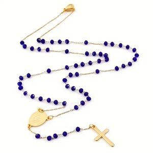 Men And Women’s Blue Crystal Golden Chain Cross Rosary Necklace. New in package.